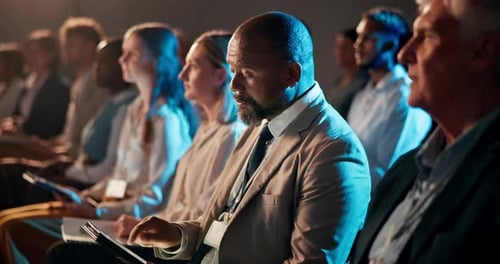 Audience, conference and tablet with business man in auditorium for development seminar