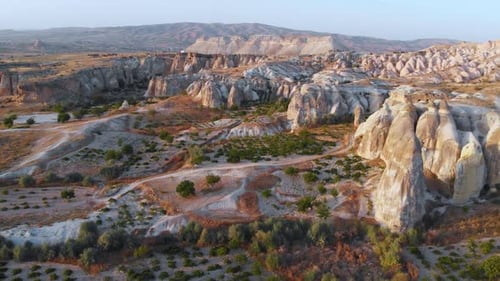 Aerial Drone Sunset View to Cappadocia Valleys Goreme Turkey