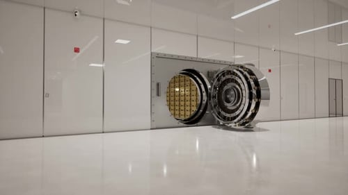 Offene Banktresortür mit Reihen von Goldbarren im Inneren