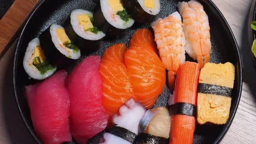 Assorted Sushi Platter with Various Types of Nigiri Maki Rolls and