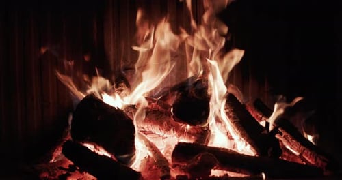 Burning Fireplace with Flames and Glowing Embers