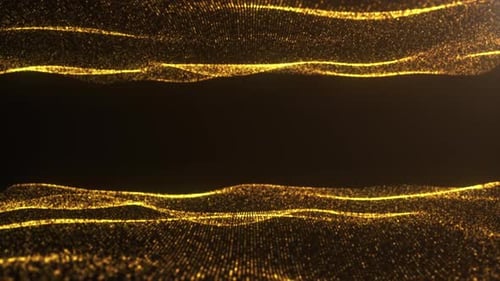 Abstract luxurious, premium sparkling golden waves of particles slowly floating in cyberspace