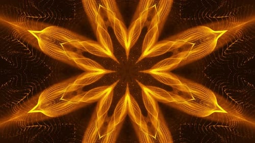 Yellow and black star shaped object with black background. Kaleidoscope VJ loop