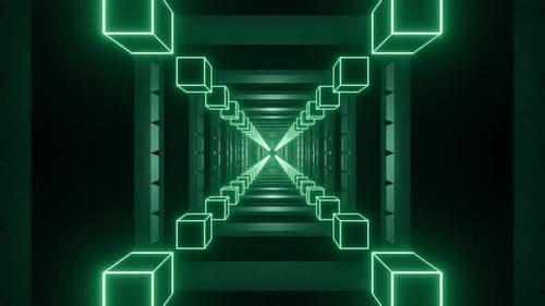3D Render of Glowing Blue Cubes Tunnel Design