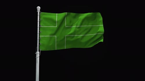 Dynamic Waving Green Flag on Flagpole with Cross Design