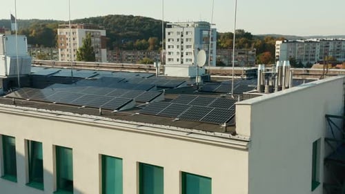 Aerial View Solar Panels on the Roof of an Apartment Building