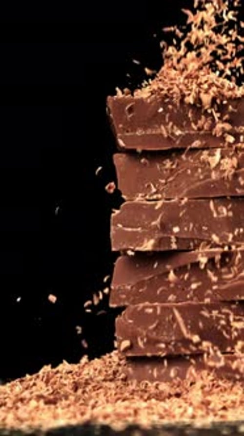 The Grated Chocolate Falls on the Chocolate Slices Filmed on a Highspeed Camera at 1000 Fps