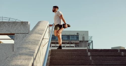 Stretching, running and fitness with man in city for health, workout and cardio challenge