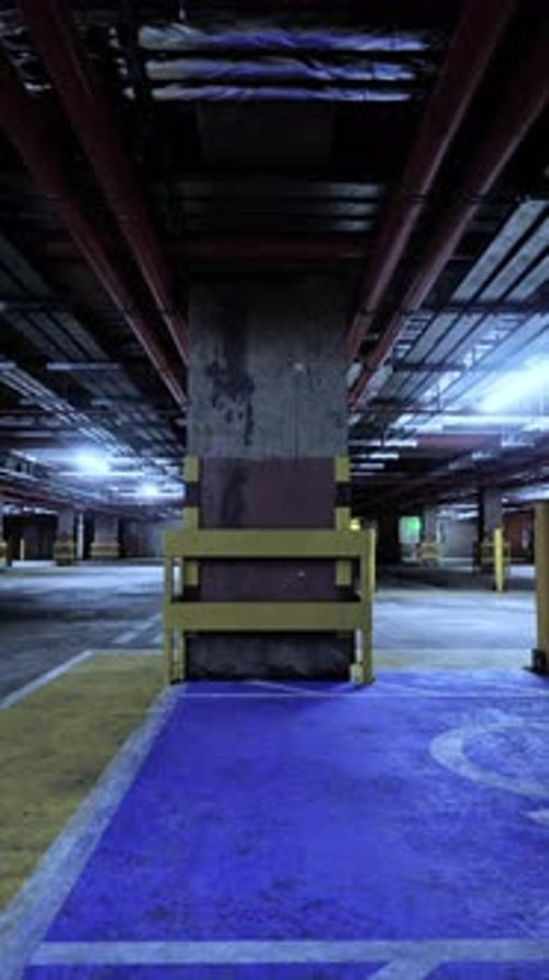 Dimly Lit Empty Underground Parking Lot at Night