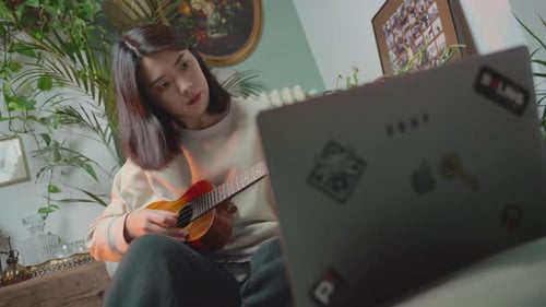 Dark haired woman learn to play ukelele at home via internet on her laptop in the living room. Close