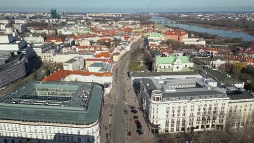 Drone shot of Krakowskie Przedmiescie (Cracow Fore-town), street, Warsaw, Poland