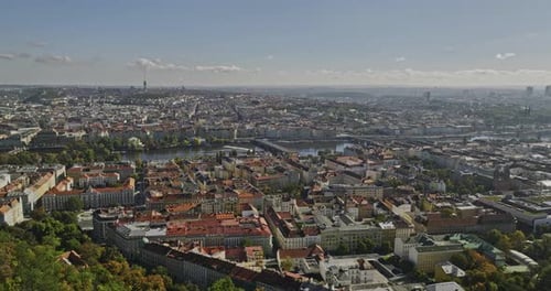 Prague Czechia Aerial v41 cinematic flyover Petrin hill capturing cityscape of Smichov and views of