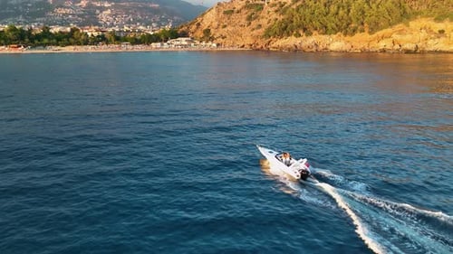 Sports Boat Sails and Makes Beautiful Turns Aerial View 4 K