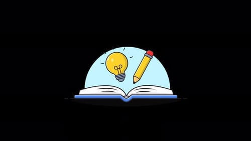 Flat Design Education Icon with Book, Lightbulb, and Pencil Animation