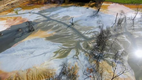 Abstract natural colorful patterns, acid mine drainage in decanting lake aerial