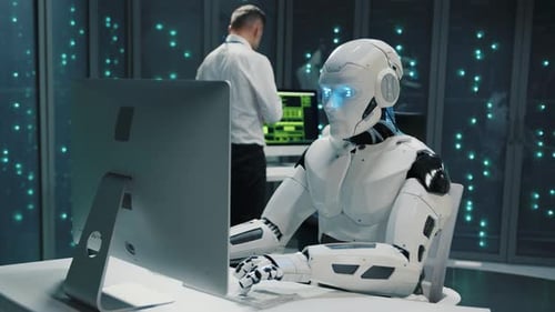 Robot Typing on Computer in Server Room