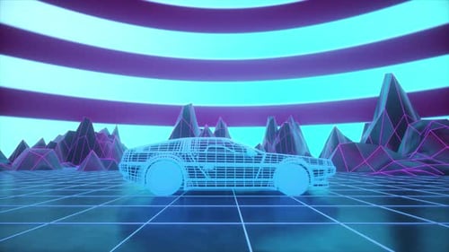 Coche retro futurista con estructura alámbrica en un paisaje de rejilla de neón con montañas