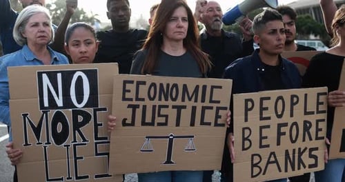 Group of multiracial people protest against inflation and financial crisis