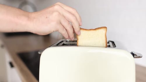 close up of hand are puting toasts bread in toaster in the kitchen. Includes kitchen appliance for
