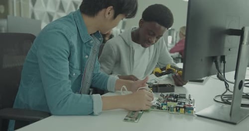Male High school Students Learning about Robotic arm in Classroom