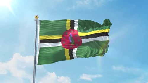 Dominica National Flag Waving with Sunny Blue Sky