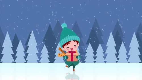 Animated Child Ice Skating with Gift in Snowy Christmas Scene