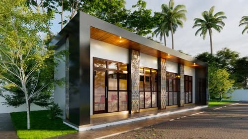 Exterior de edificio tropical moderno con líneas limpias y exuberante vegetación bajo un cielo azul, perfecto