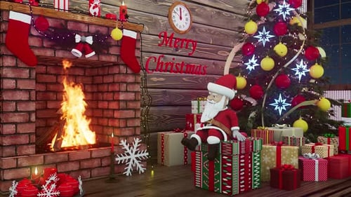 Merry Christmas Scene with Fireplace and Santa