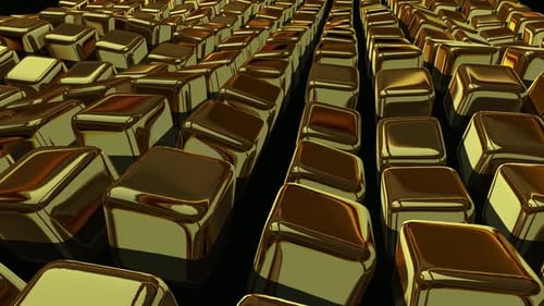 Luxury Background with a Floating Field of Gold Cubes, Figures, Reflection, Exclusive, 3D Render