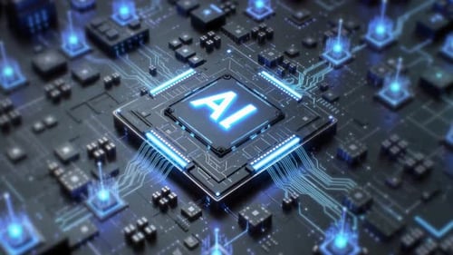 Artificial Intelligence Core Processor with Glowing Digital Data Flow