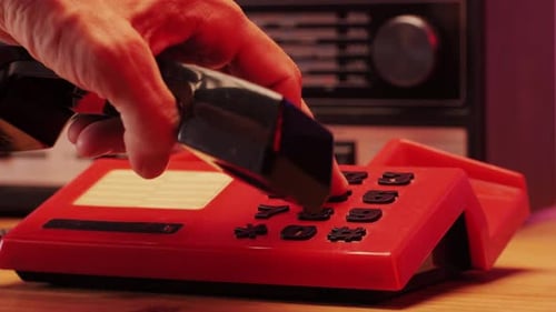 Red Retro Vintage Phone Telephone Ringing Off on Table Close Up Macro 90s Mobile Retro Smartphone