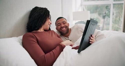 Happy couple, house and tablet for social media post or streaming, online or subscription service