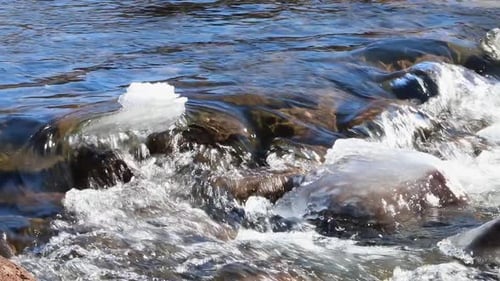 A clear river flowing over ice and snow covered rocks in early Spring. Southern Iceland.