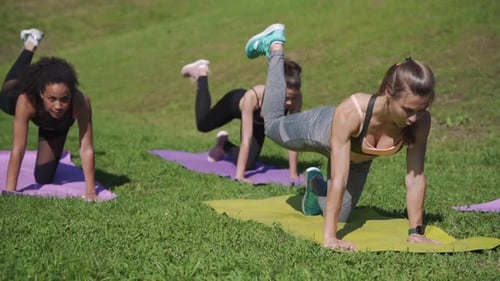 Three women practice fitness exercise outdoors on mats