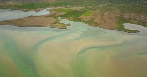 sea and river meet in northern Iceland, Aerial view