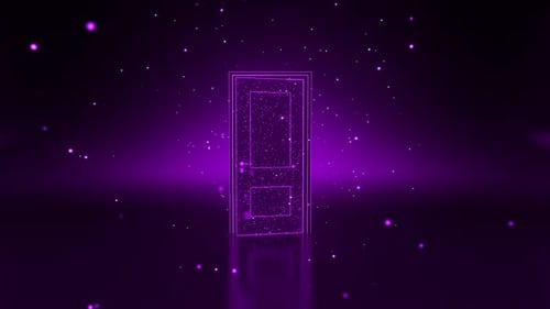 Mysterious purple door opening in space with particles