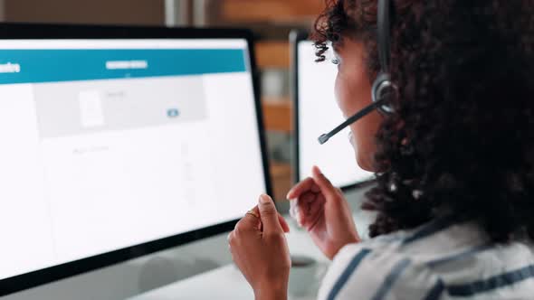 Call center, computer screen and contact us with person in office for ...