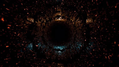 Smooth seamless loop animation of highly detailed futuristic tunnel made of glossy orange blue cubes