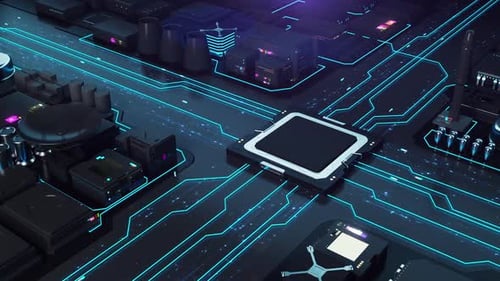 Futuristic City stylized as computer components and microchips. 3D animation