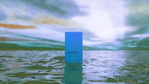 Blue door opening in the middle of the ocean
