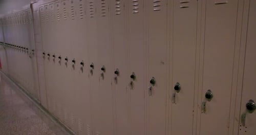 Close up view of school lockers with gimbal video walking.