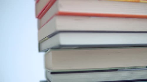 Close-up of the books at the stake. Smooth movement from right to left. Colourful book covers and bo