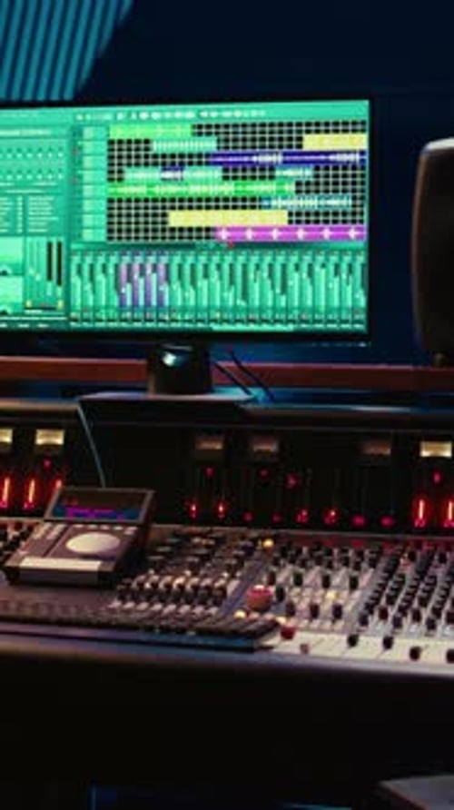 Vertical Video Empty Control Room Professional Studio Used in Music Recording Industry