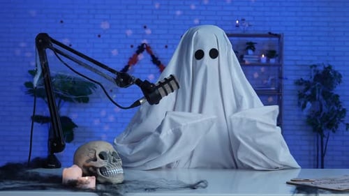 Ghost Costume Recording Podcast or Blog in a Studio with Blue Light