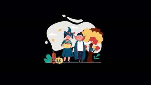 Animated Halloween Kids in Costumes Flat Design Illustration