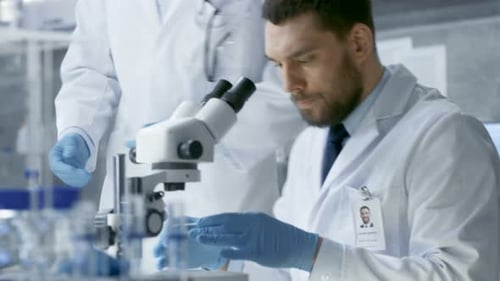 Scientists Examining Samples in Lab with Microscope