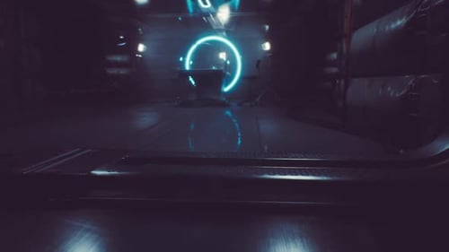 Un décor futuriste avec des éléments lumineux et un affichage lumineux circulaire