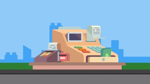 Flat Design Cash Register Payment Animation with Money and Cards