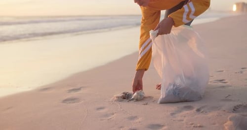 Volunteer, beach and plastic cleaning or pollution in nature or community service