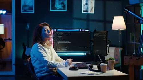 Programmer Checking Code on Computer Monitor and AR Visualization